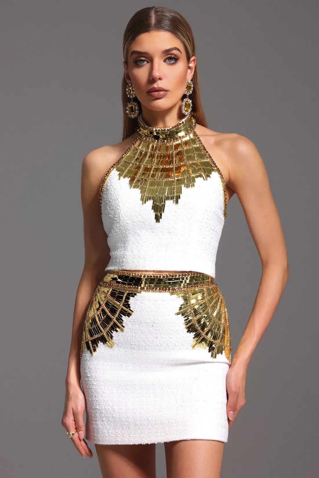 Kyla Halter Payetli Etek Takimi | S-Beyaz | M-Beyaz | L-Beyaz