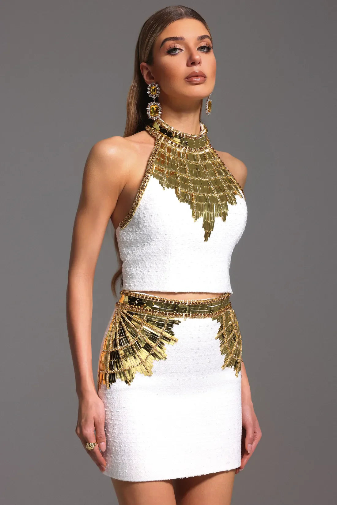 Kyla Halter Payetli Etek Takimi | S-Beyaz | M-Beyaz | L-Beyaz
