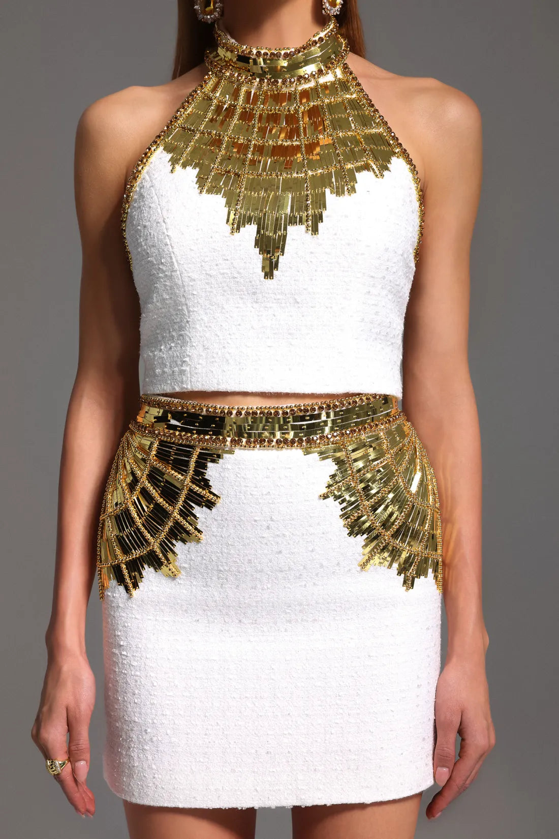 Kyla Halter Payetli Etek Takimi | S-Beyaz | M-Beyaz | L-Beyaz