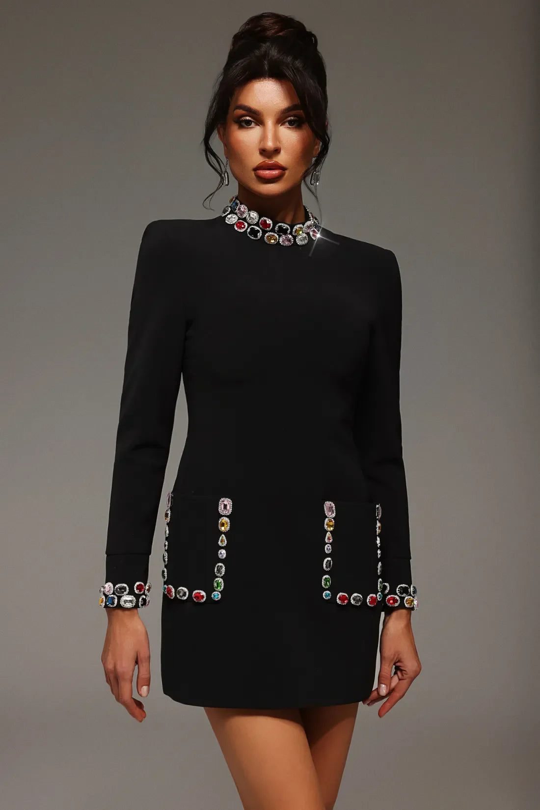 Nahia Uzun Kollu Mini Bandaj Elbise | S-Siyah | M-Siyah | L-Siyah | Xl-Siyah | Xxl-Siyah