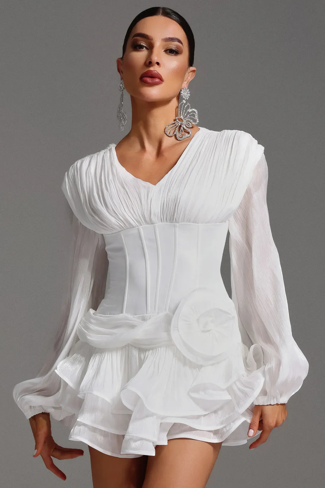 Alaia Cicekli Volanli Mini Elbise | S-Beyaz | M-Beyaz | L-Beyaz | Xl-Beyaz