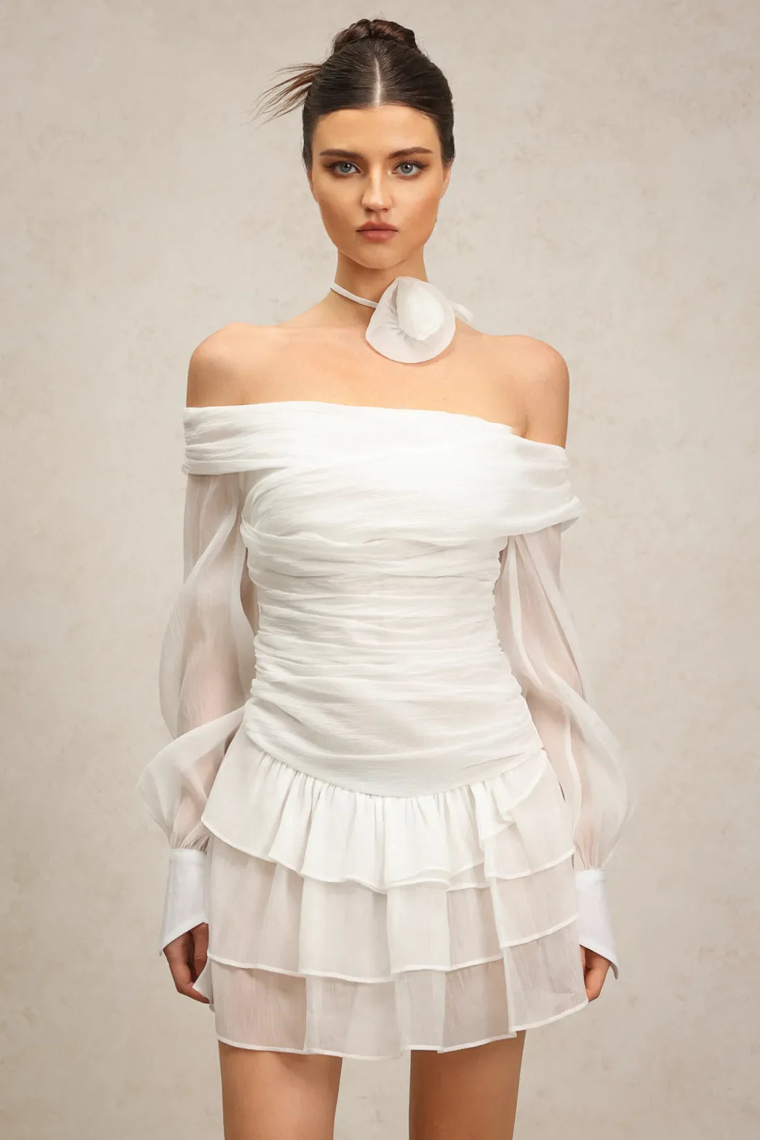 Anaiya Off-Shoulder Mini Dress | S-Beyaz | S-Cicek | M-Beyaz | M-Cicek | L-Beyaz | L-Cicek