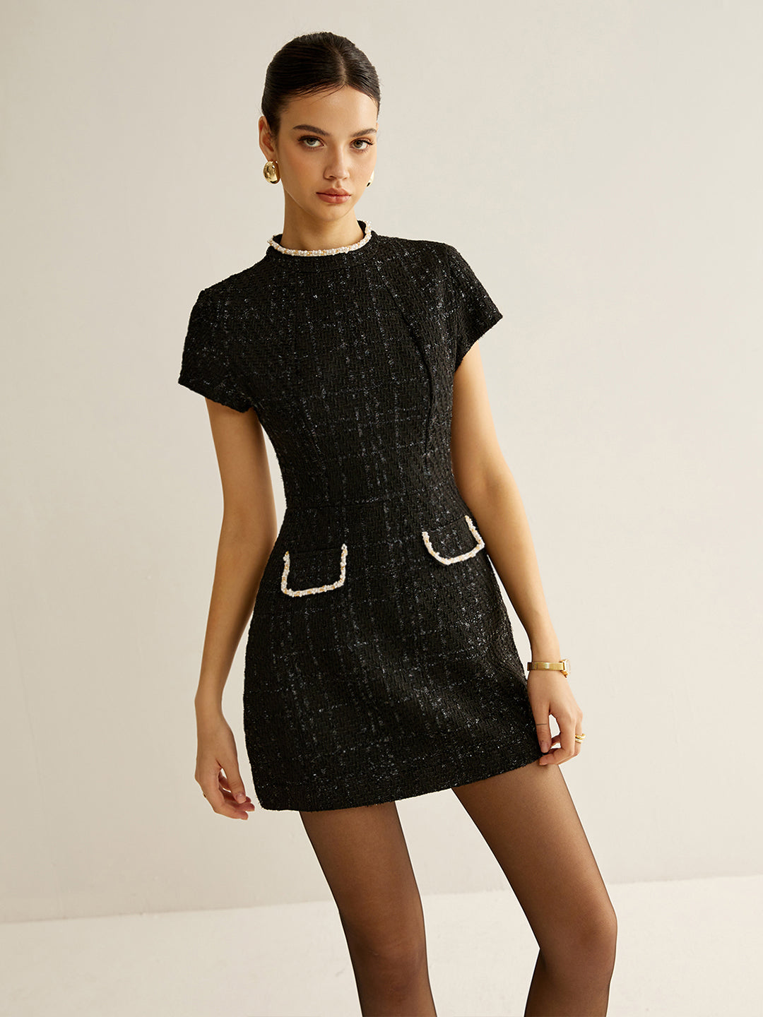 Velorage Camillia Ilmek Yaka Tweed Mini Elbise | 16400-QS1732855030-black-S | 16400-QS1732855030-black-M | 16400-QS1732855030-black-L