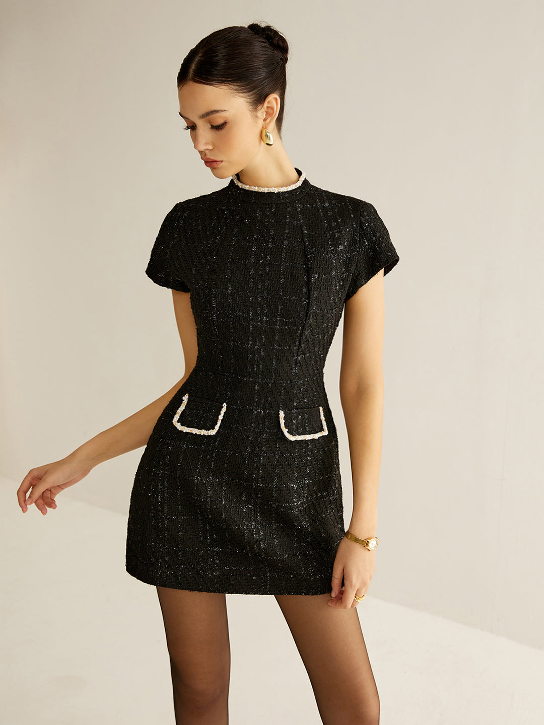 Velorage Camillia Ilmek Yaka Tweed Mini Elbise | 16400-QS1732855030-black-S | 16400-QS1732855030-black-M | 16400-QS1732855030-black-L