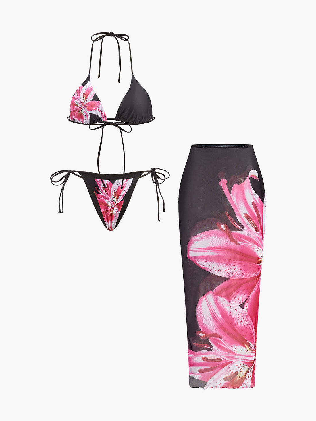 Zoee Cicekli Bikini & Pareo Seti | 16400#YW1740381697-black-S | 16400#YW1740381697-black-M | 16400#YW1740381697-black-L | 16400#YW1740381697-black-XL