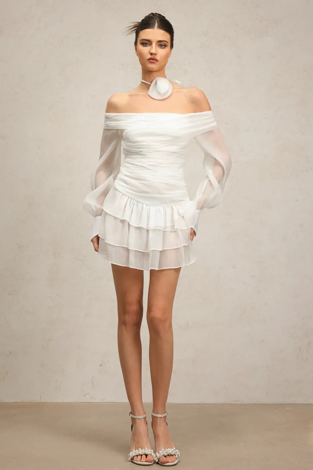 Anaiya Off-Shoulder Mini Dress | S-Beyaz | S-Cicek | M-Beyaz | M-Cicek | L-Beyaz | L-Cicek