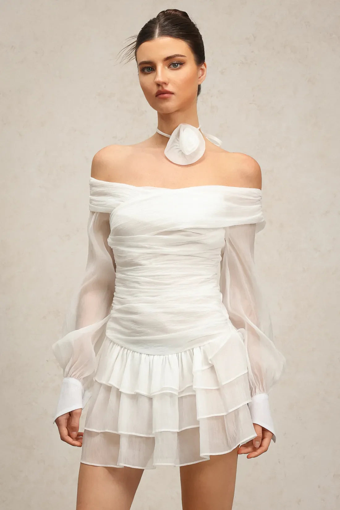 Anaiya Off-Shoulder Mini Dress | S-Beyaz | S-Cicek | M-Beyaz | M-Cicek | L-Beyaz | L-Cicek