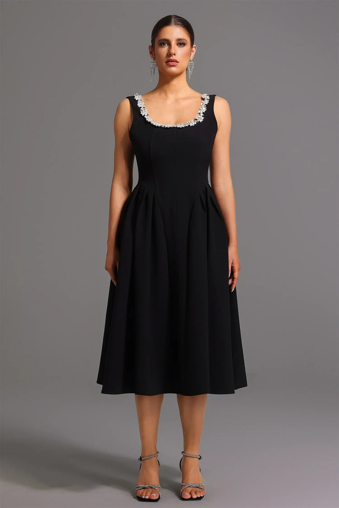 Taylah Elmas Dekolteli Midi Elbise | S-Siyah | M-Siyah | L-Siyah | Xl-Siyah