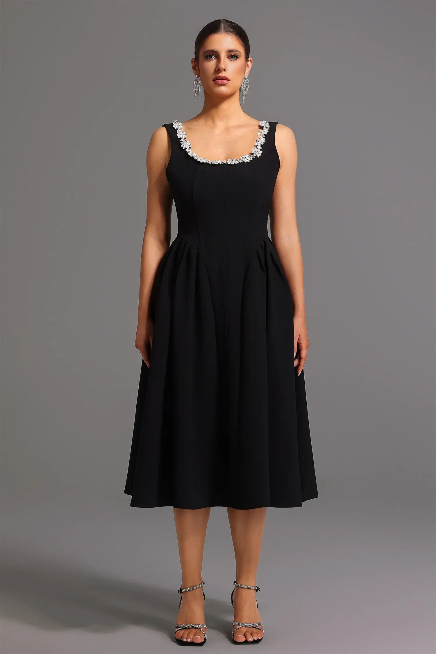 Taylah Elmas Dekolteli Midi Elbise | S-Siyah | M-Siyah | L-Siyah | Xl-Siyah