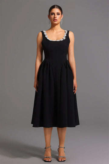Taylah Elmas Dekolteli Midi Elbise | S-Siyah | M-Siyah | L-Siyah | Xl-Siyah