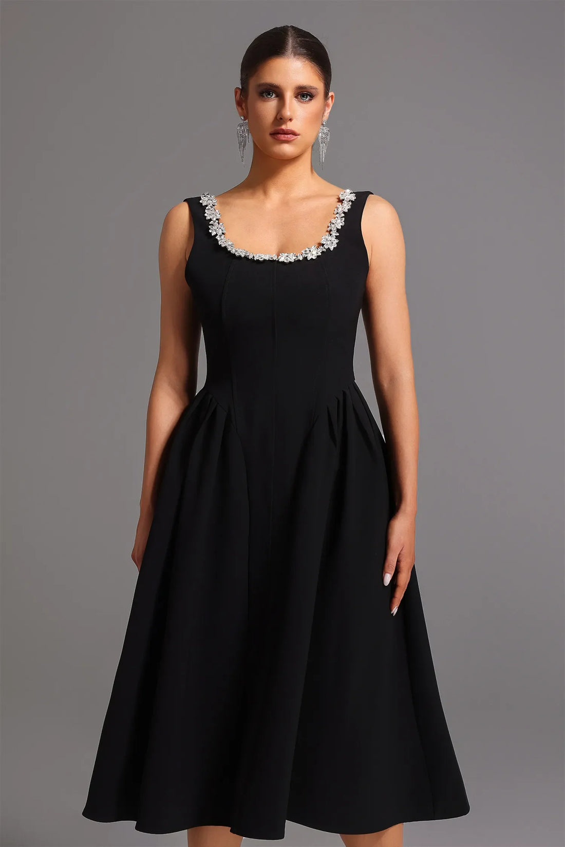 Taylah Elmas Dekolteli Midi Elbise | S-Siyah | M-Siyah | L-Siyah | Xl-Siyah