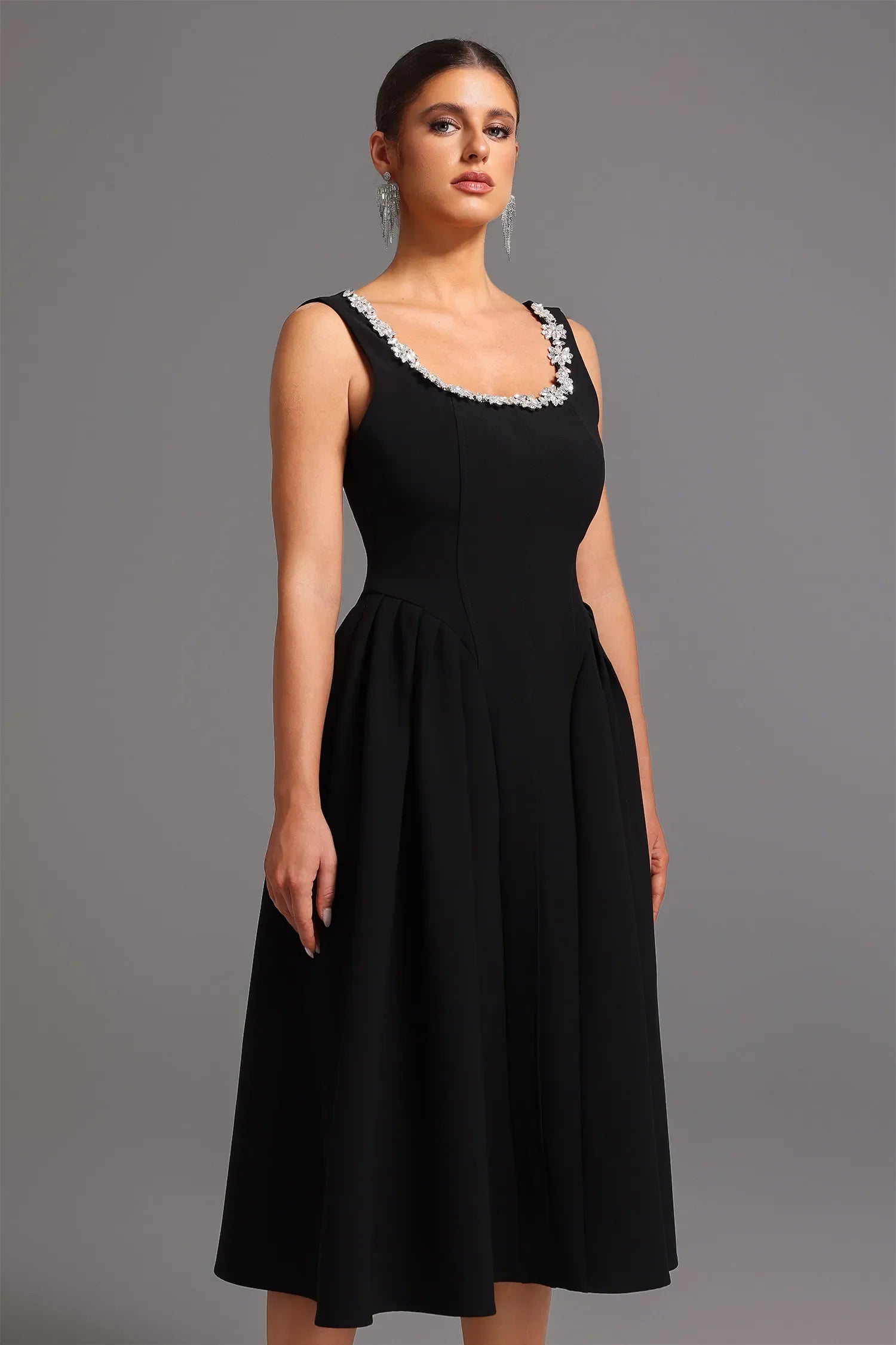 Taylah Elmas Dekolteli Midi Elbise | S-Siyah | M-Siyah | L-Siyah | Xl-Siyah