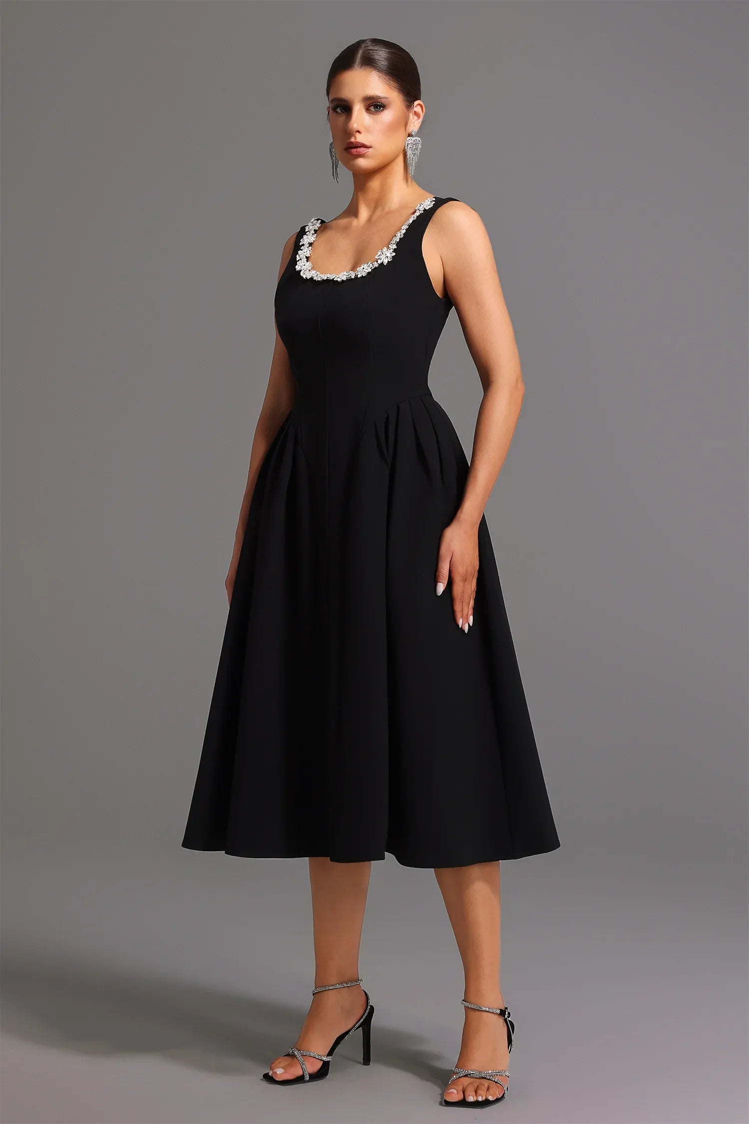Taylah Elmas Dekolteli Midi Elbise | S-Siyah | M-Siyah | L-Siyah | Xl-Siyah
