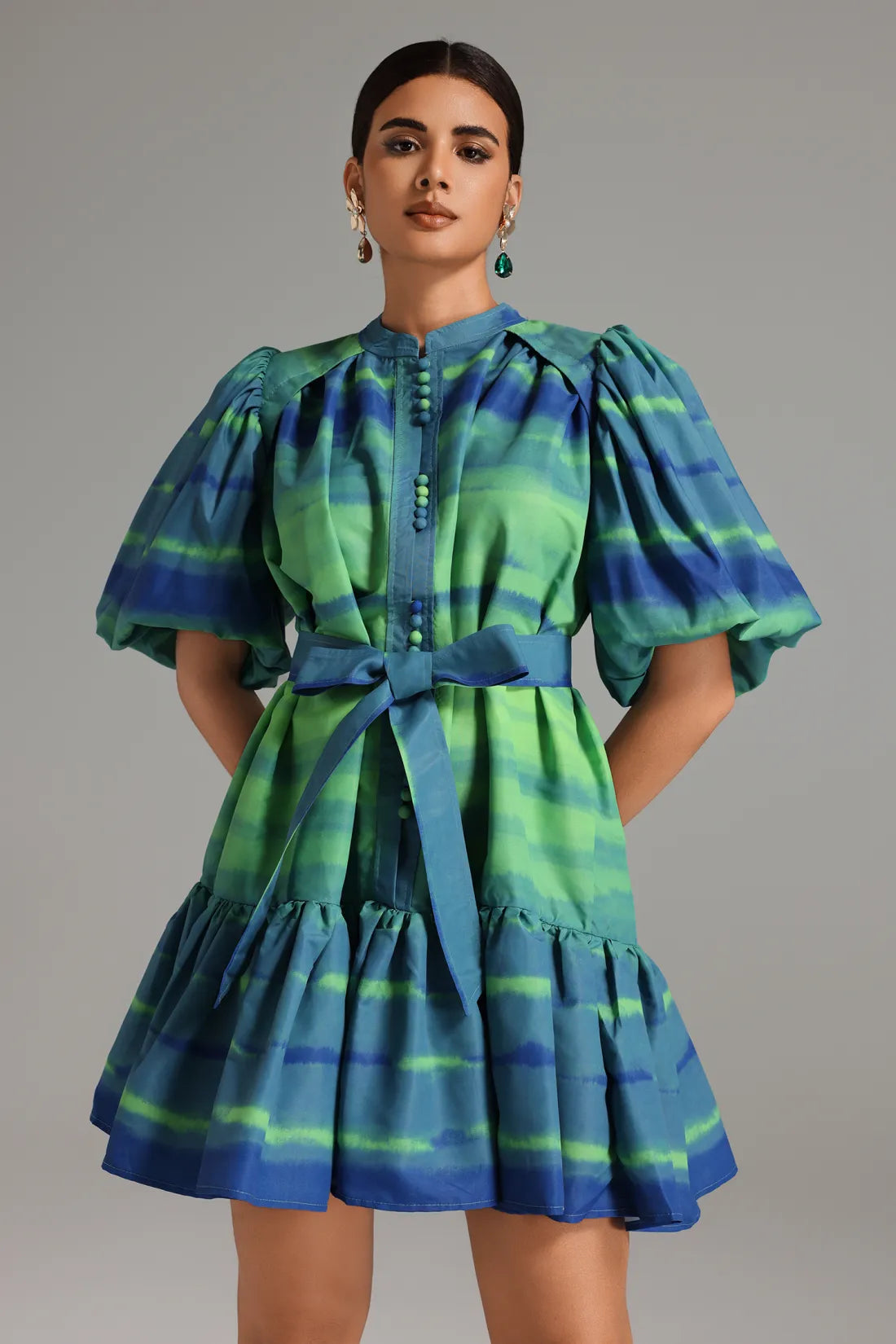 Liesl Baskili Uzun Kol Mini Elbise | S-Mavi | M-Mavi | L-Mavi