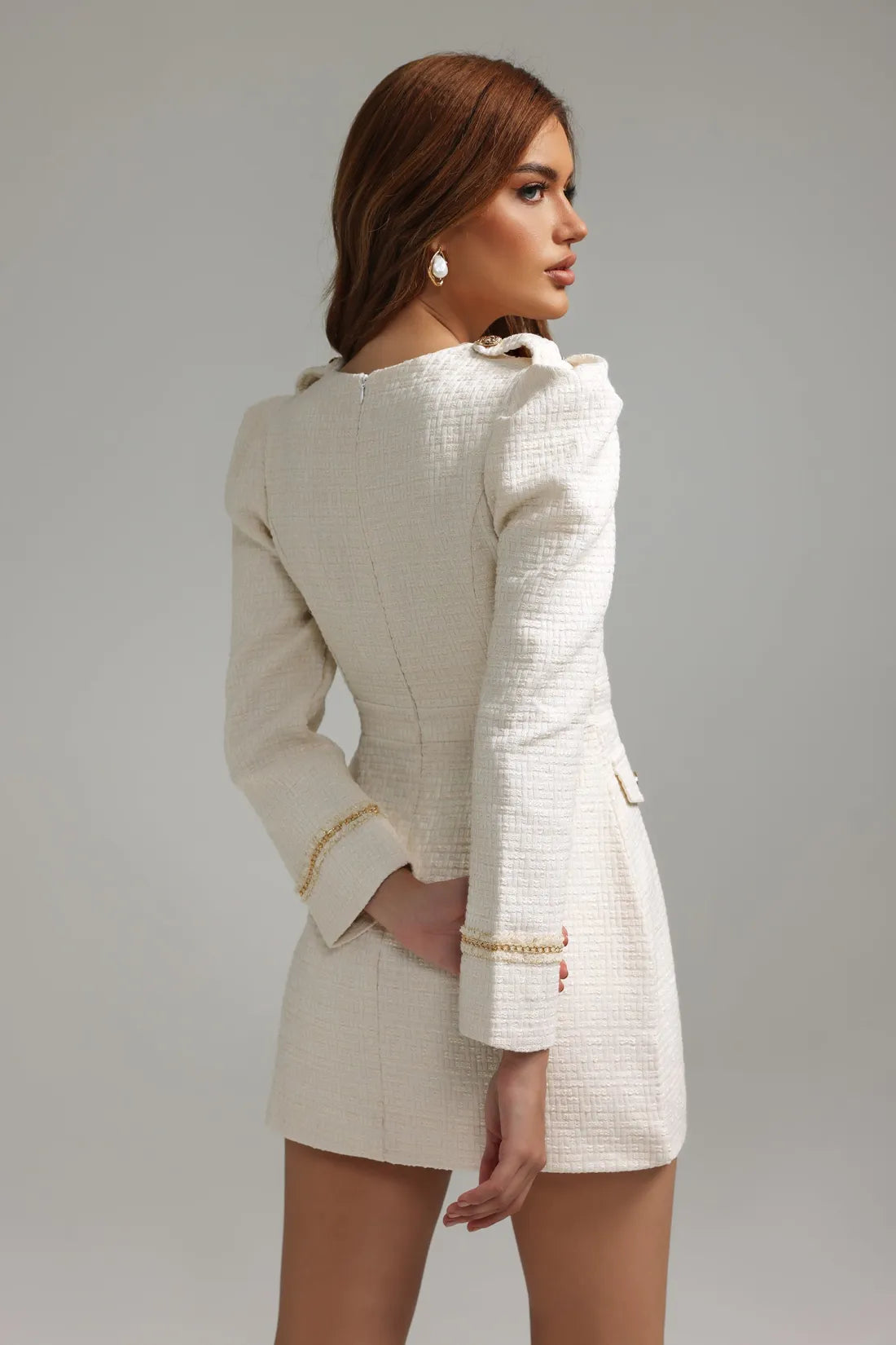 Zaidee Tweed Mini Elbise | S-Beyaz | M-Beyaz | L-Beyaz