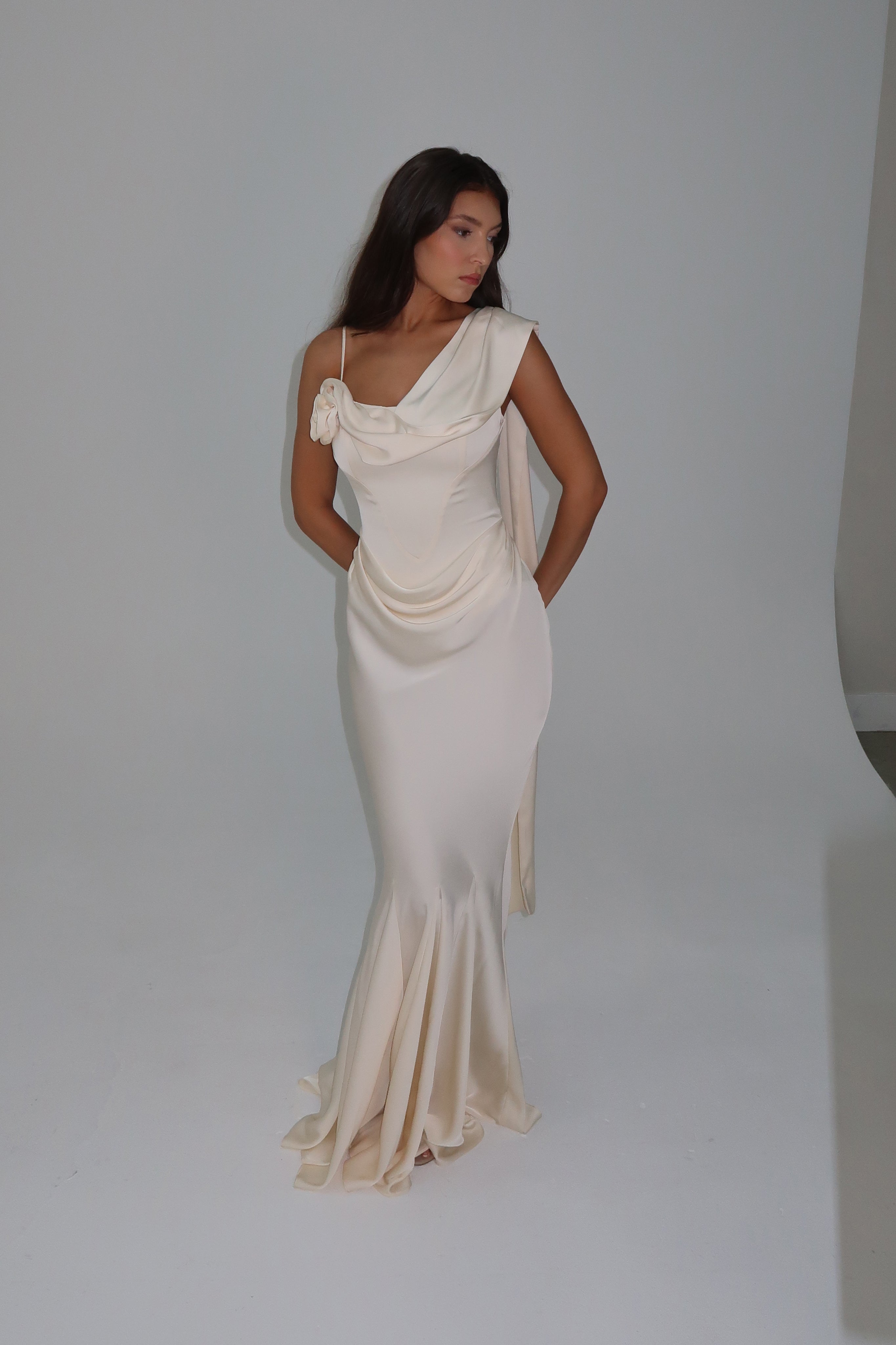 Goddess Corseted Drape Gown | D1058-IVORY-XS | D1058-IVORY-S | D1058-IVORY-M | D1058-IVORY-L | D1058-IVORY-XL | D1058-IVORY-XXL