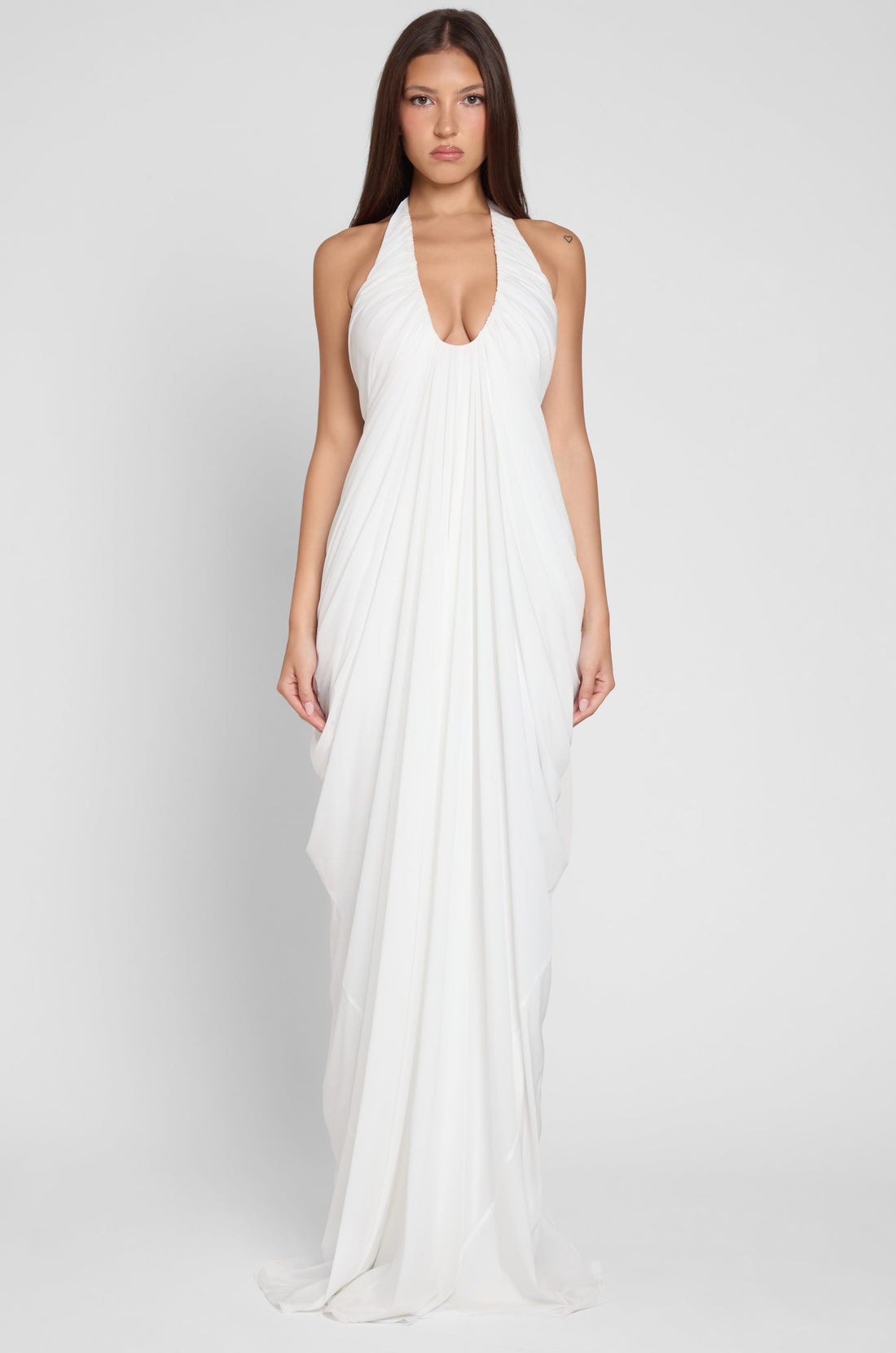 Elleana Beyaz Drapeli Maksi Elbise | D1076-WHITE-XS | D1076-WHITE-S | D1076-WHITE-M | D1076-WHITE-L | D1076-WHITE-XL | D1076-WHITE-XXL
