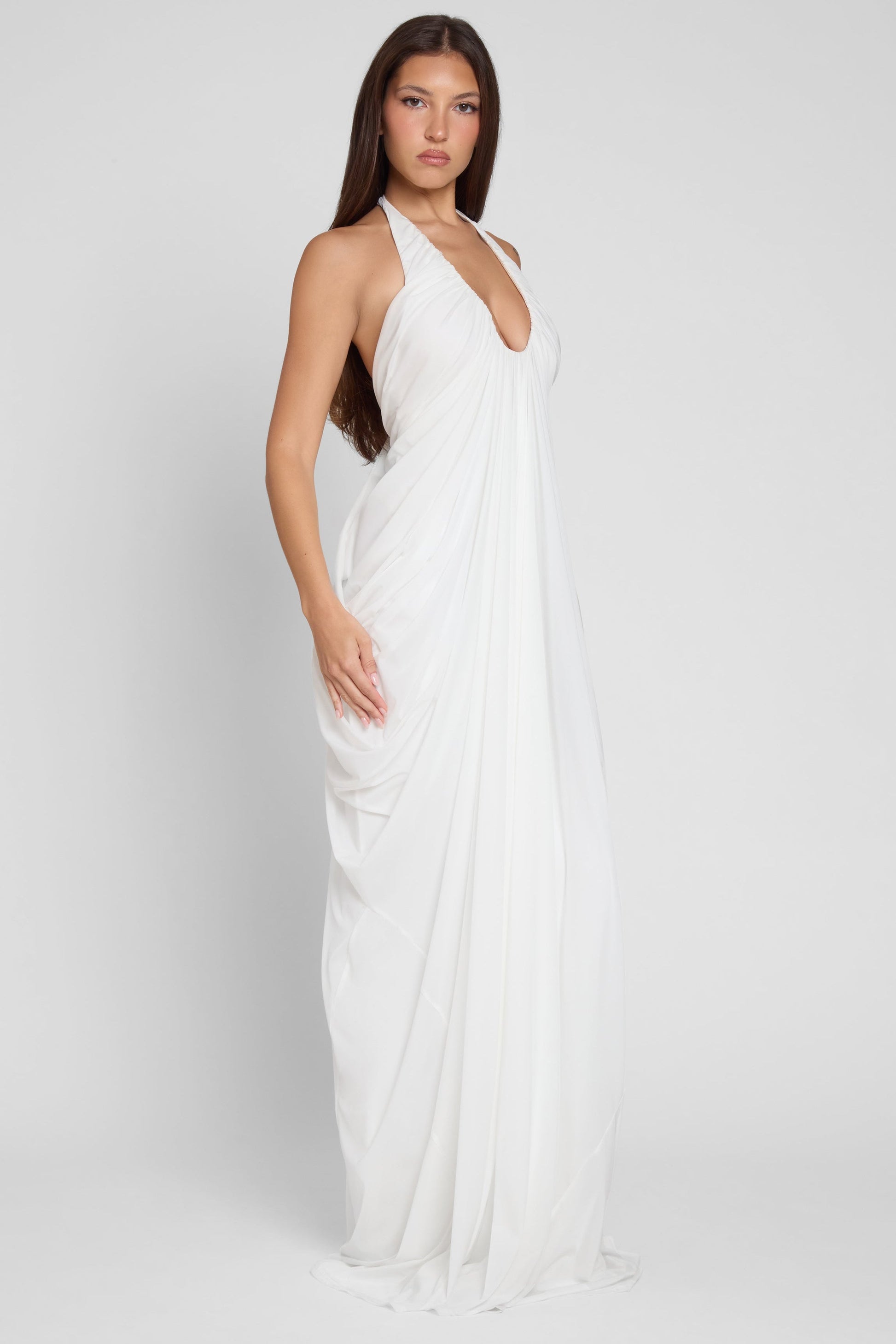 Elleana Beyaz Drapeli Maksi Elbise | D1076-WHITE-XS | D1076-WHITE-S | D1076-WHITE-M | D1076-WHITE-L | D1076-WHITE-XL | D1076-WHITE-XXL