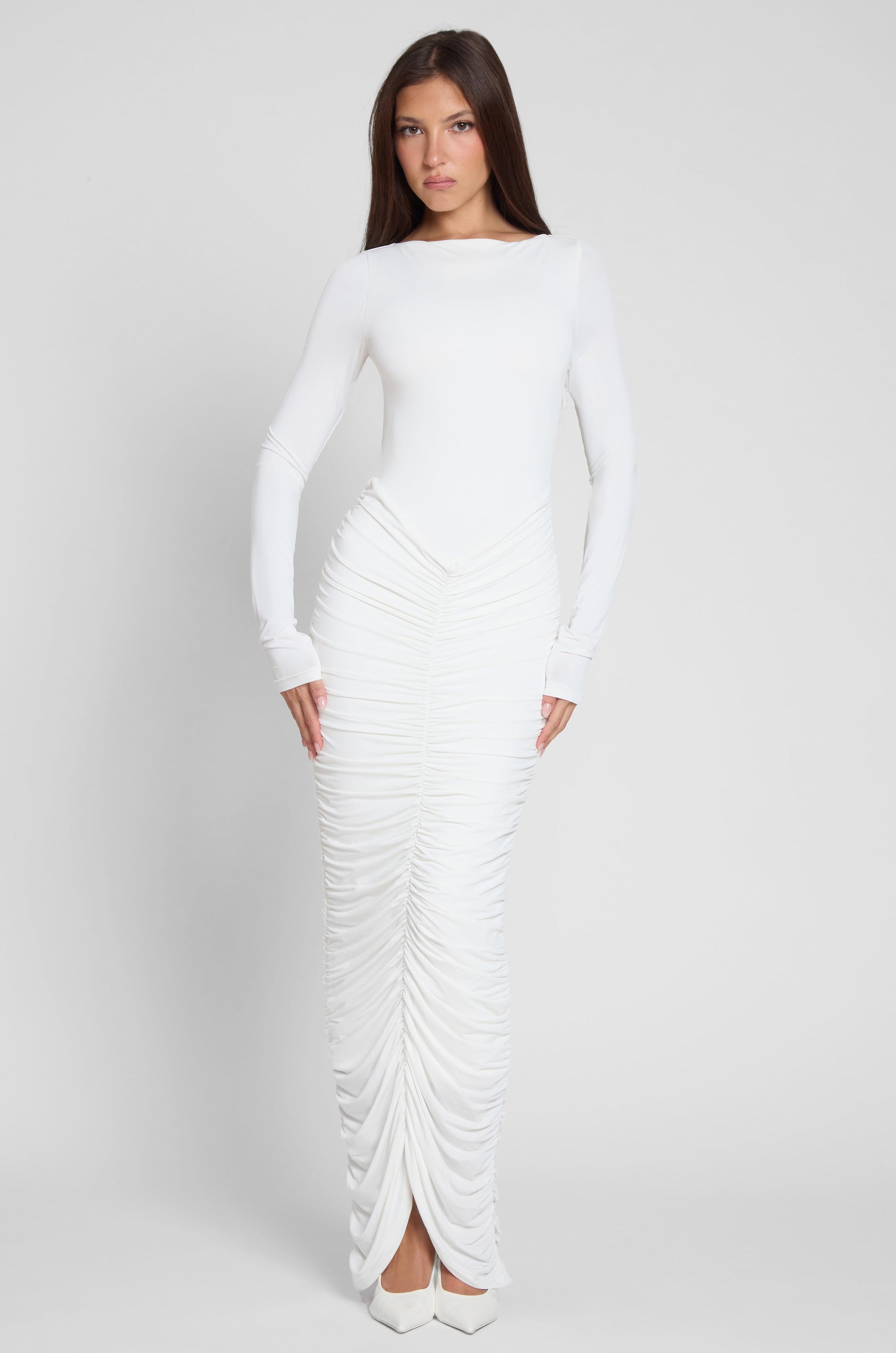 Haylen Drapeli Maksi Elbise | D1074-WHITE-XS | D1074-WHITE-S | D1074-WHITE-M | D1074-WHITE-L | D1074-WHITE-XL | D1074-WHITE-XXL