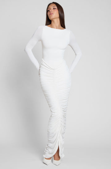 Haylen Drapeli Maksi Elbise | D1074-WHITE-XS | D1074-WHITE-S | D1074-WHITE-M | D1074-WHITE-L | D1074-WHITE-XL | D1074-WHITE-XXL