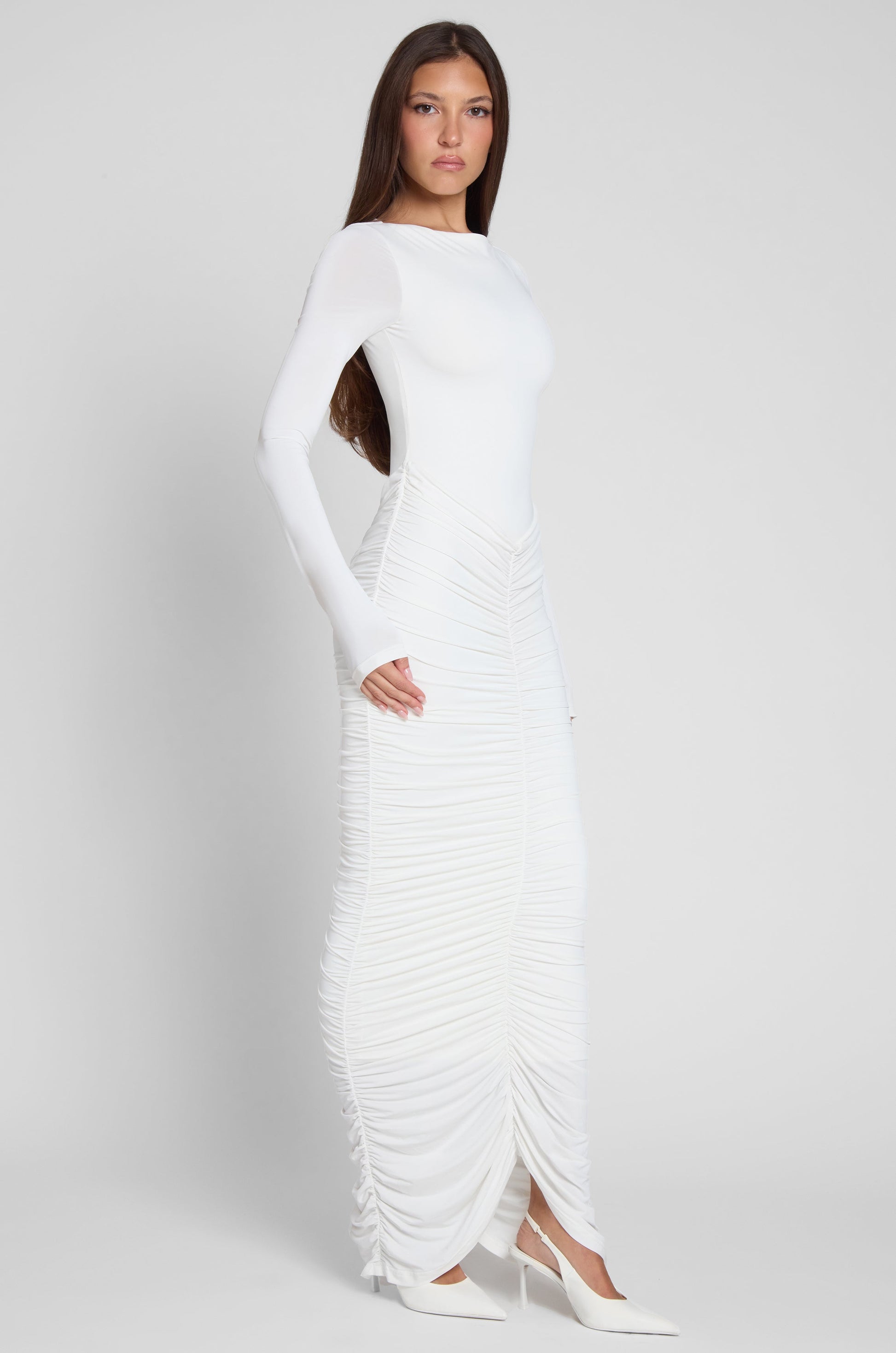 Haylen Drapeli Maksi Elbise | D1074-WHITE-XS | D1074-WHITE-S | D1074-WHITE-M | D1074-WHITE-L | D1074-WHITE-XL | D1074-WHITE-XXL