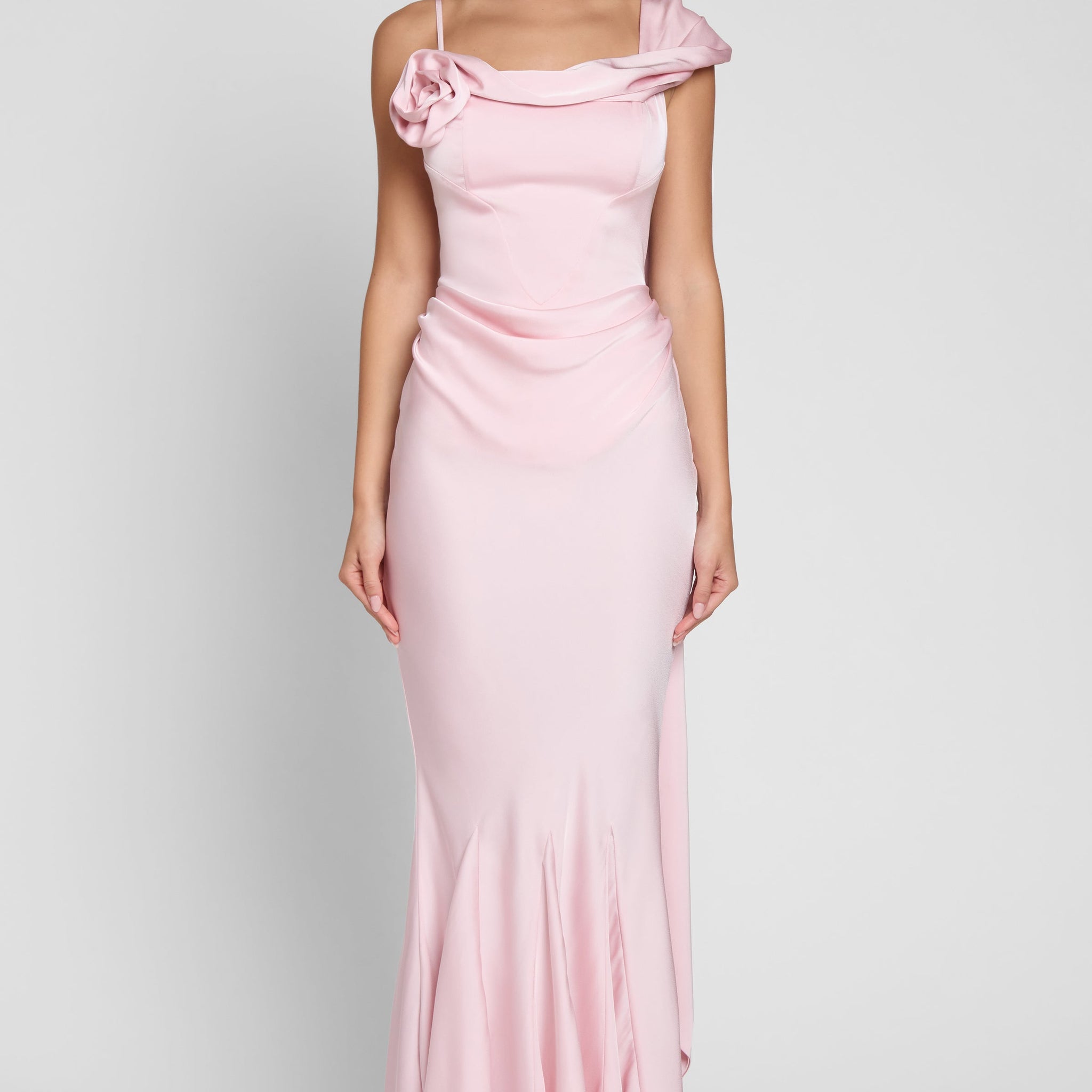 Darleen Korse Saten Maksi Elbise | D1058-PINK-XS | D1058-PINK-S | D1058-PINK-M | D1058-PINK-L | D1058-PINK-XL | D1058-PINK-XXL