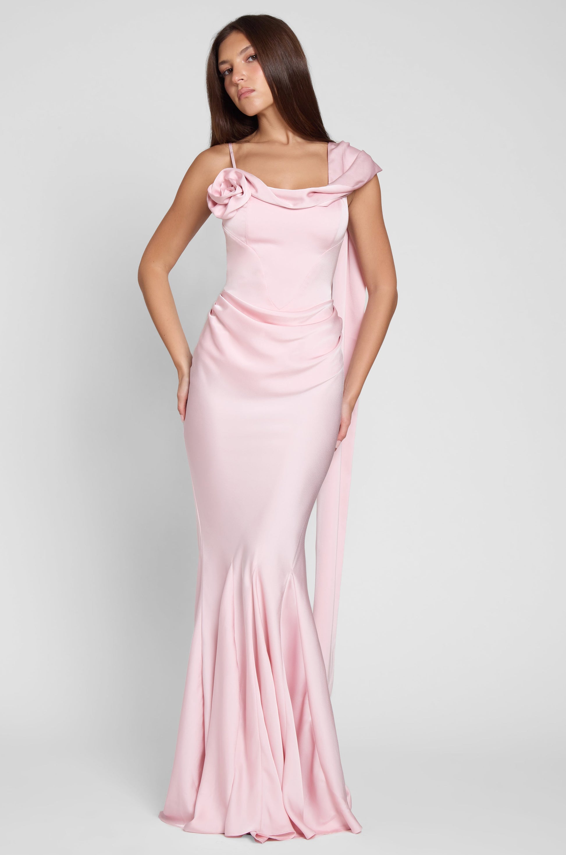 Darleen Korse Saten Maksi Elbise | D1058-PINK-XS | D1058-PINK-S | D1058-PINK-M | D1058-PINK-L | D1058-PINK-XL | D1058-PINK-XXL