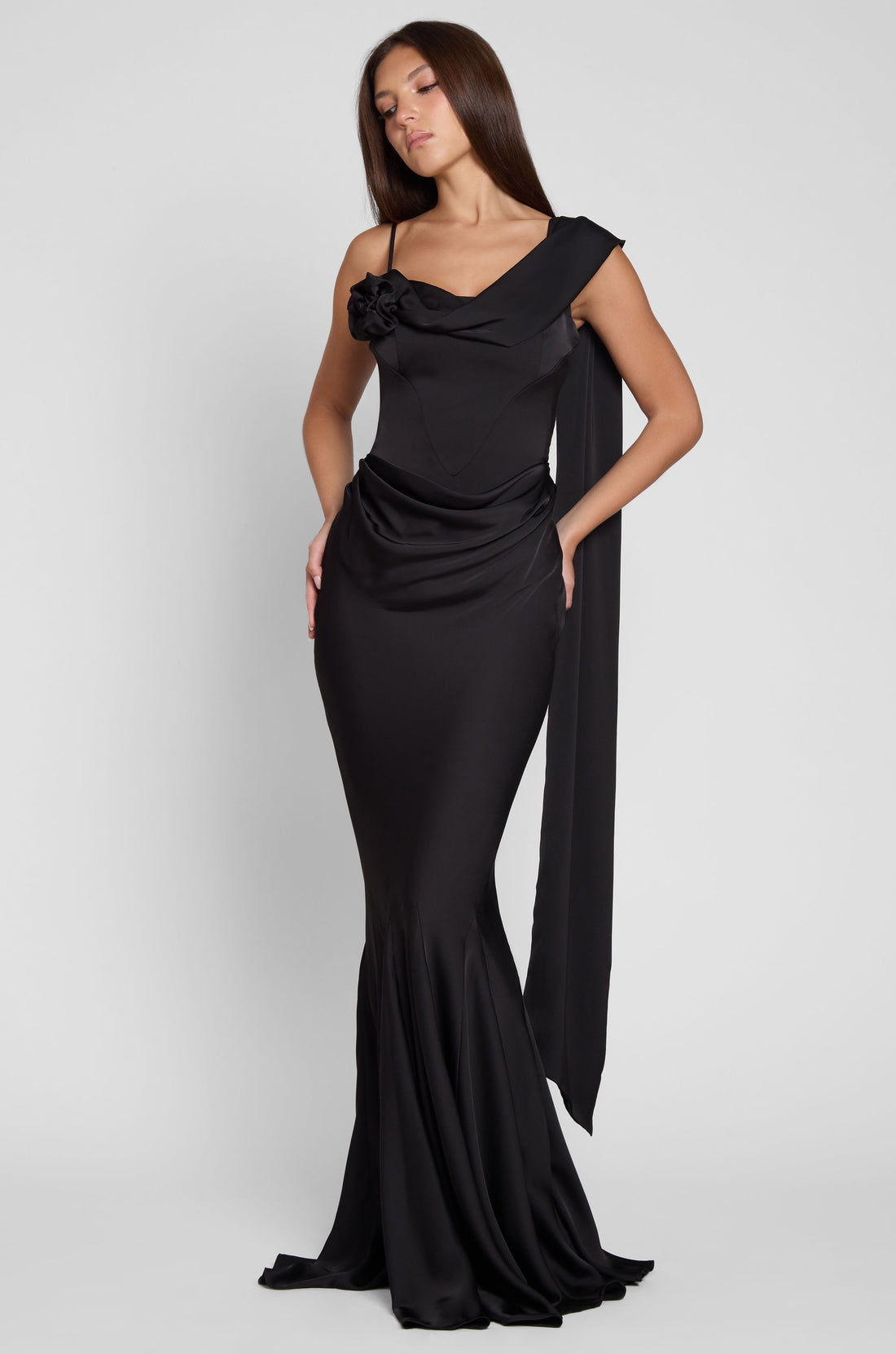 Atalie Korseli Saten Maksi Elbise | D1058-BLK-XS | D1058-BLK-S | D1058-BLK-M | D1058-BLK-L | D1058-BLK-XL | D1058-BLK-XXL