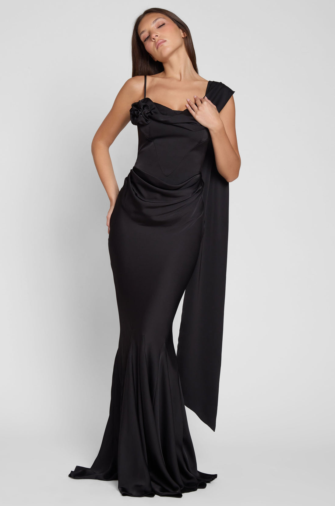 Atalie Korseli Saten Maksi Elbise | D1058-BLK-XS | D1058-BLK-S | D1058-BLK-M | D1058-BLK-L | D1058-BLK-XL | D1058-BLK-XXL
