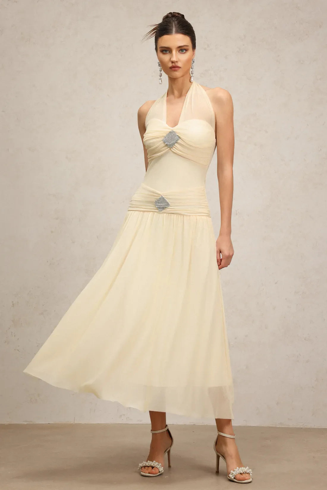 Perri Halter Buzgulu Maxi Elbise | S-Bej | M-Bej | L-Bej