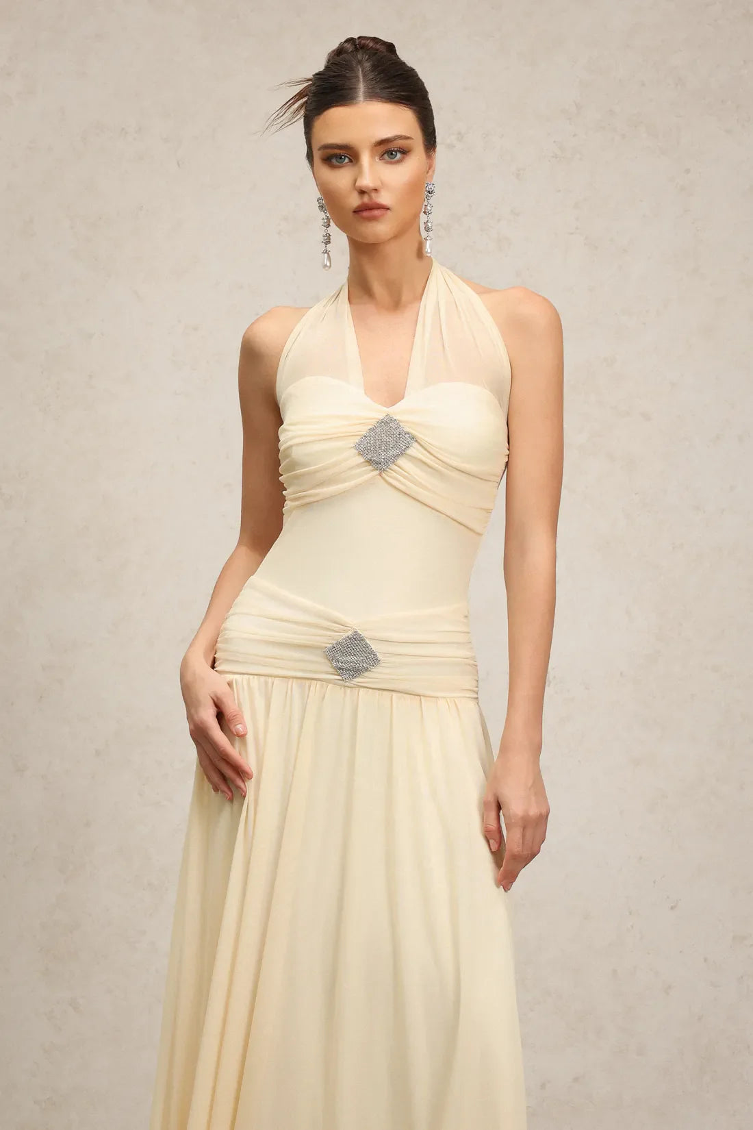 Perri Halter Buzgulu Maxi Elbise | S-Bej | M-Bej | L-Bej