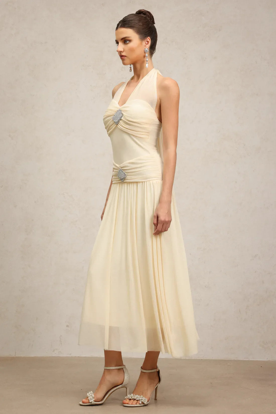 Perri Halter Buzgulu Maxi Elbise | S-Bej | M-Bej | L-Bej