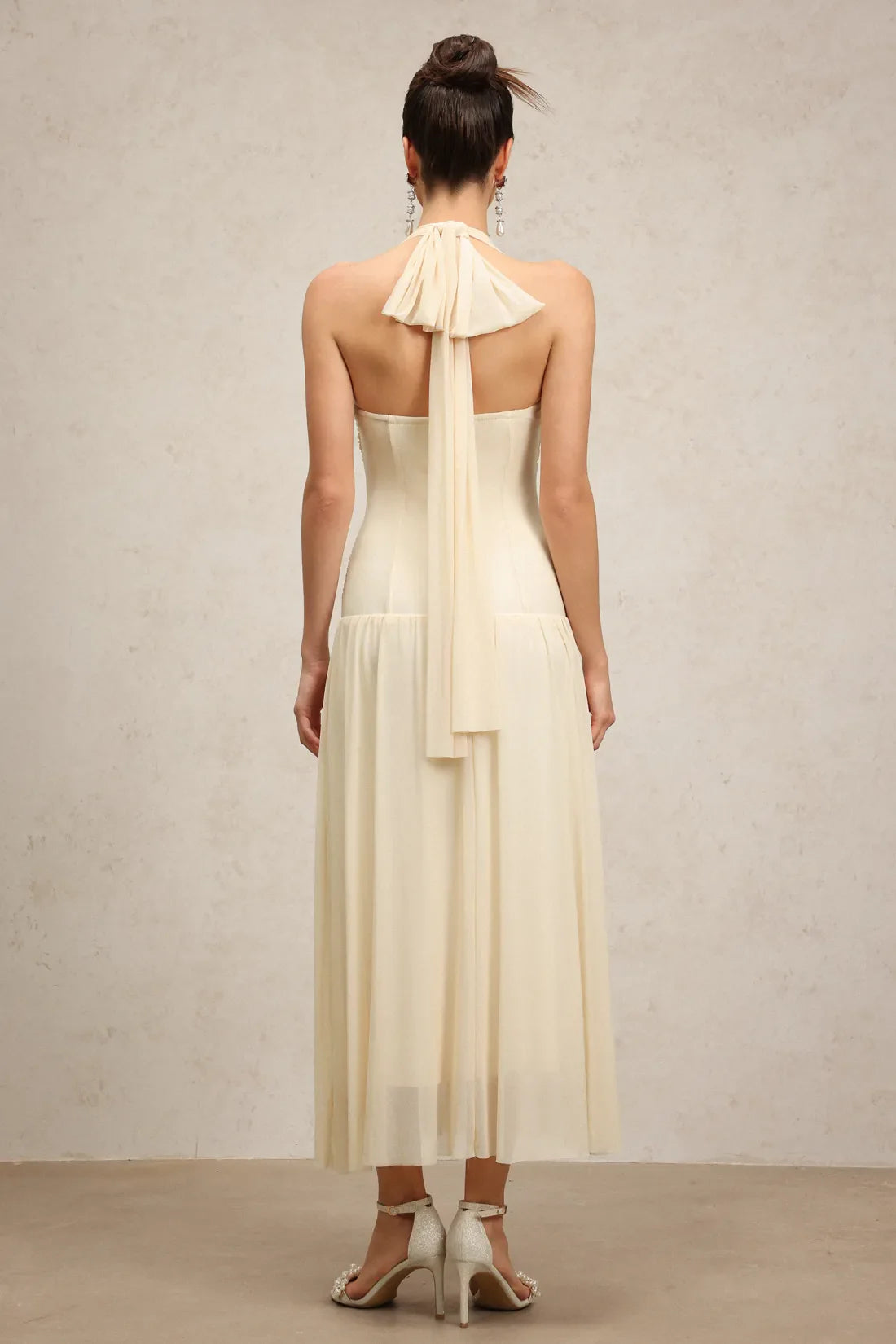 Perri Halter Buzgulu Maxi Elbise | S-Bej | M-Bej | L-Bej