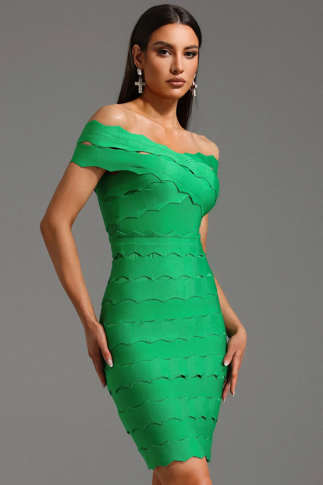 Shaylynn Dalgali Omuz Dekolteli Midi Elbise | S-Yesil | M-Yesil | L-Yesil