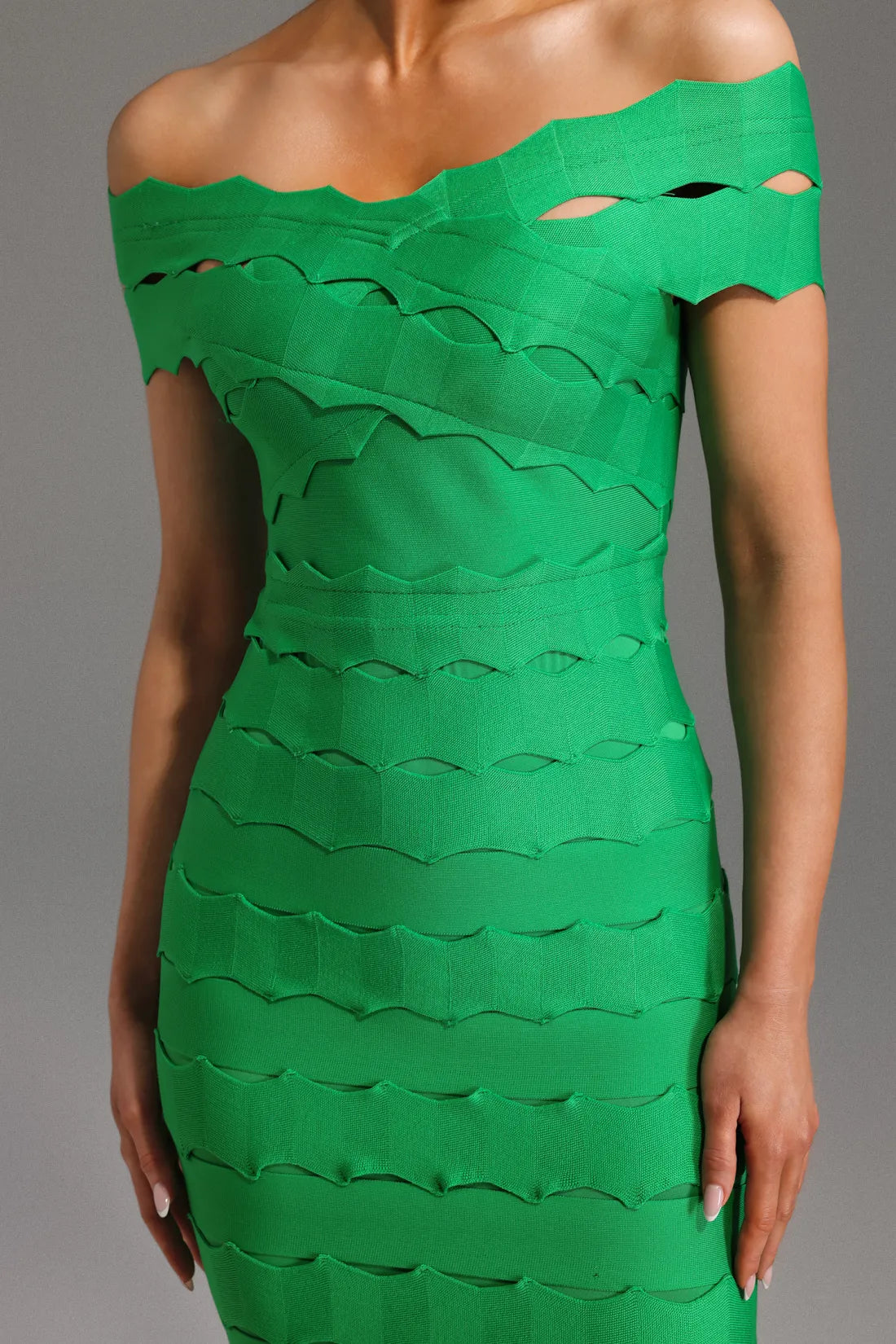 Shaylynn Dalgali Omuz Dekolteli Midi Elbise | S-Yesil | M-Yesil | L-Yesil