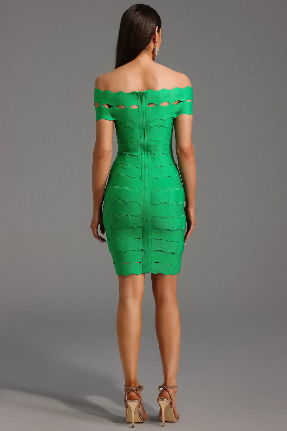 Shaylynn Dalgali Omuz Dekolteli Midi Elbise | S-Yesil | M-Yesil | L-Yesil