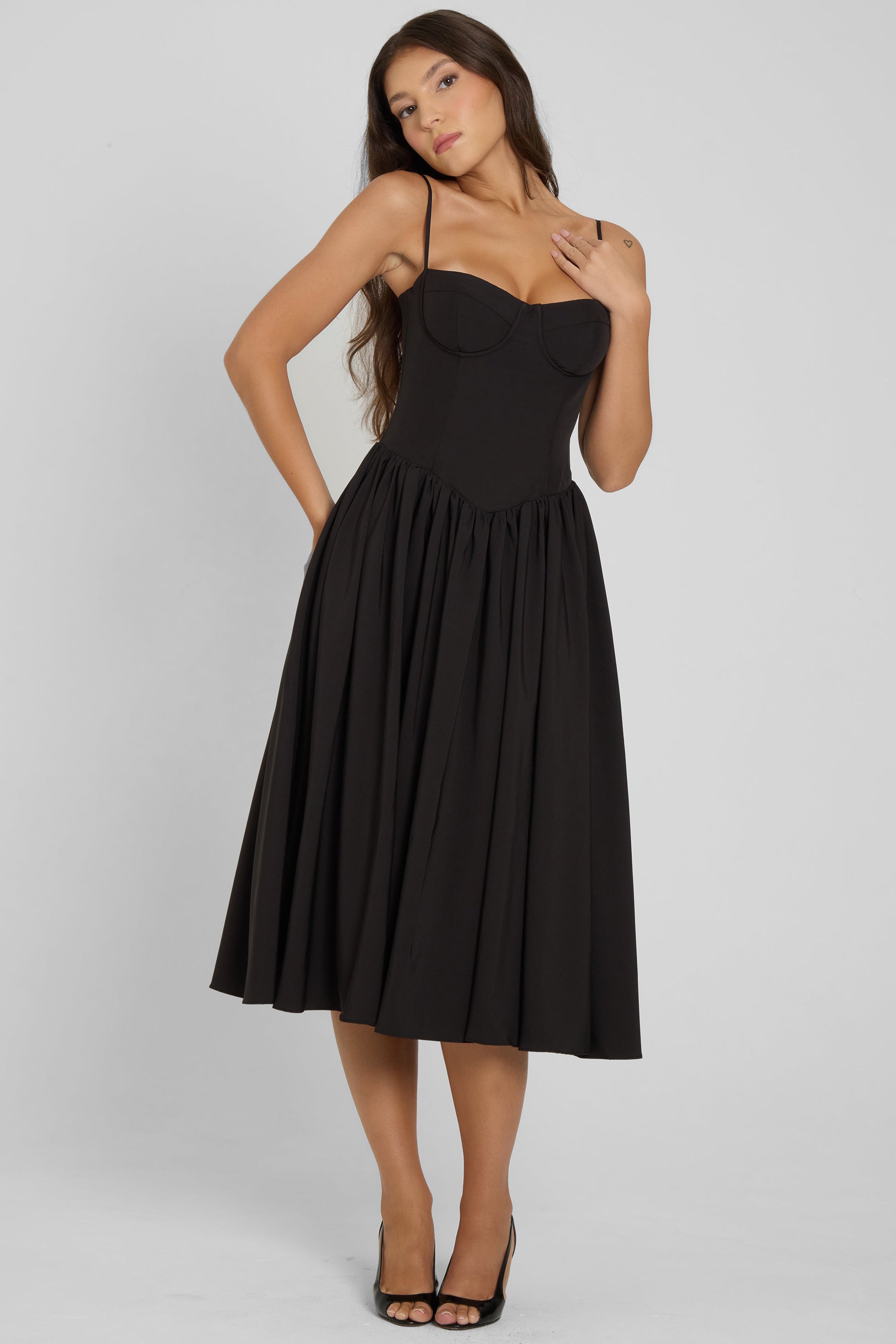 Alijah Siyah Korseli Midi Elbise | D1079-BLK-XS | D1079-BLK-S | D1079-BLK-M | D1079-BLK-L | D1079-BLK-XL | D1079-BLK-XXL