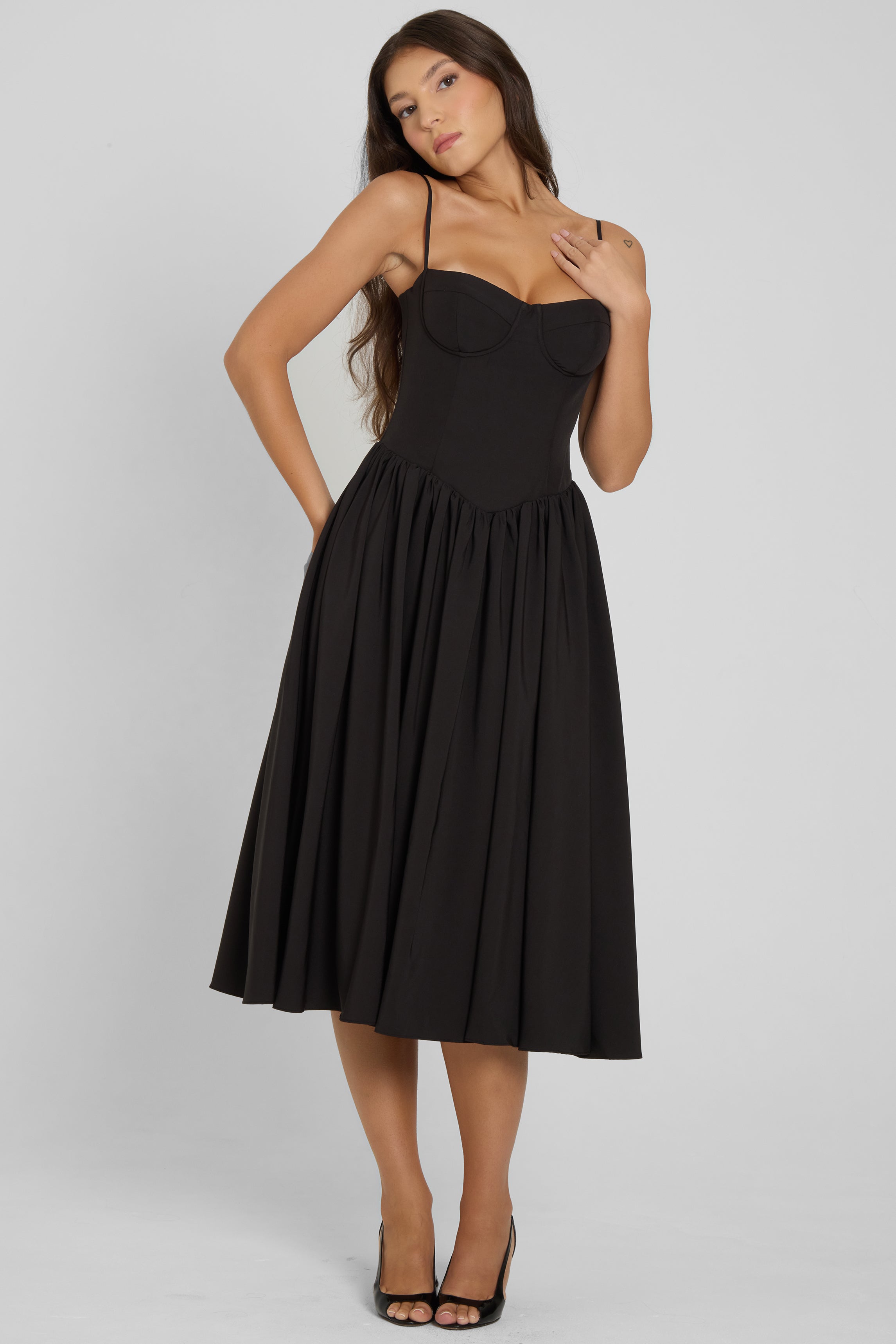 Alijah Siyah Korseli Midi Elbise | D1079-BLK-XS | D1079-BLK-S | D1079-BLK-M | D1079-BLK-L | D1079-BLK-XL | D1079-BLK-XXL