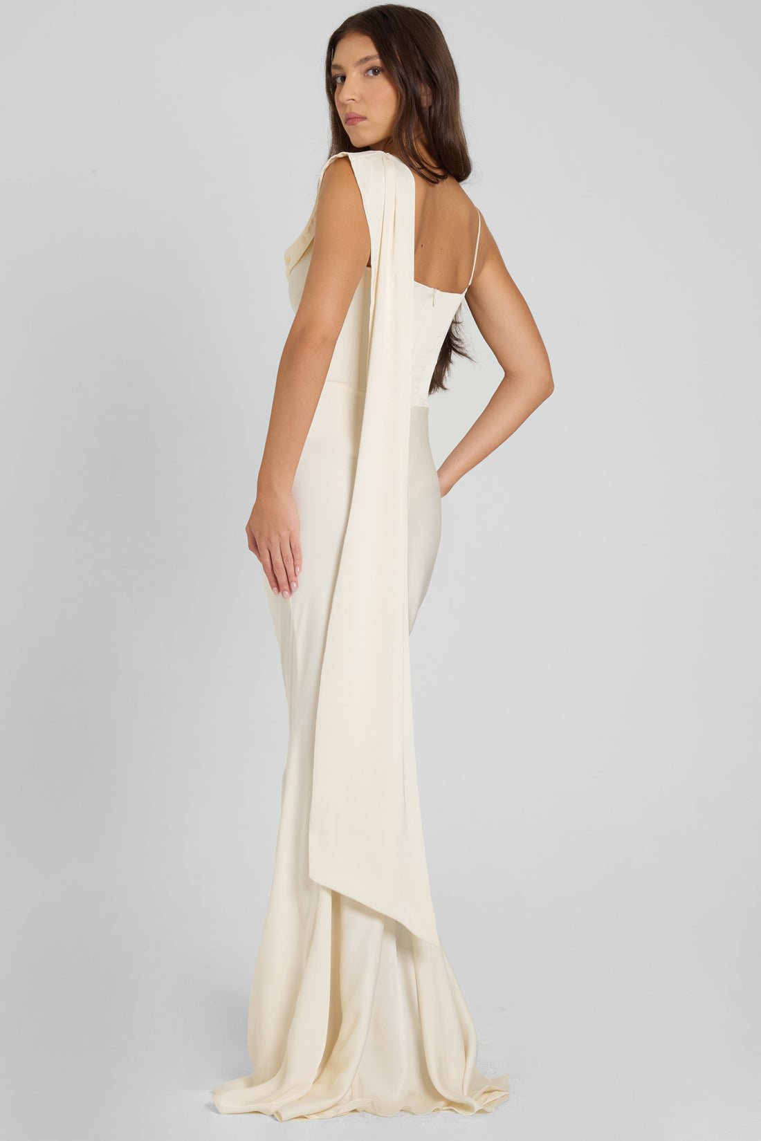 Goddess Corseted Drape Gown | D1058-IVORY-XS | D1058-IVORY-S | D1058-IVORY-M | D1058-IVORY-L | D1058-IVORY-XL | D1058-IVORY-XXL
