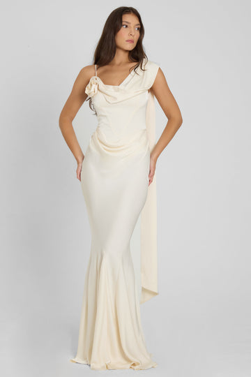 Goddess Corseted Drape Gown | D1058-IVORY-XS | D1058-IVORY-S | D1058-IVORY-M | D1058-IVORY-L | D1058-IVORY-XL | D1058-IVORY-XXL