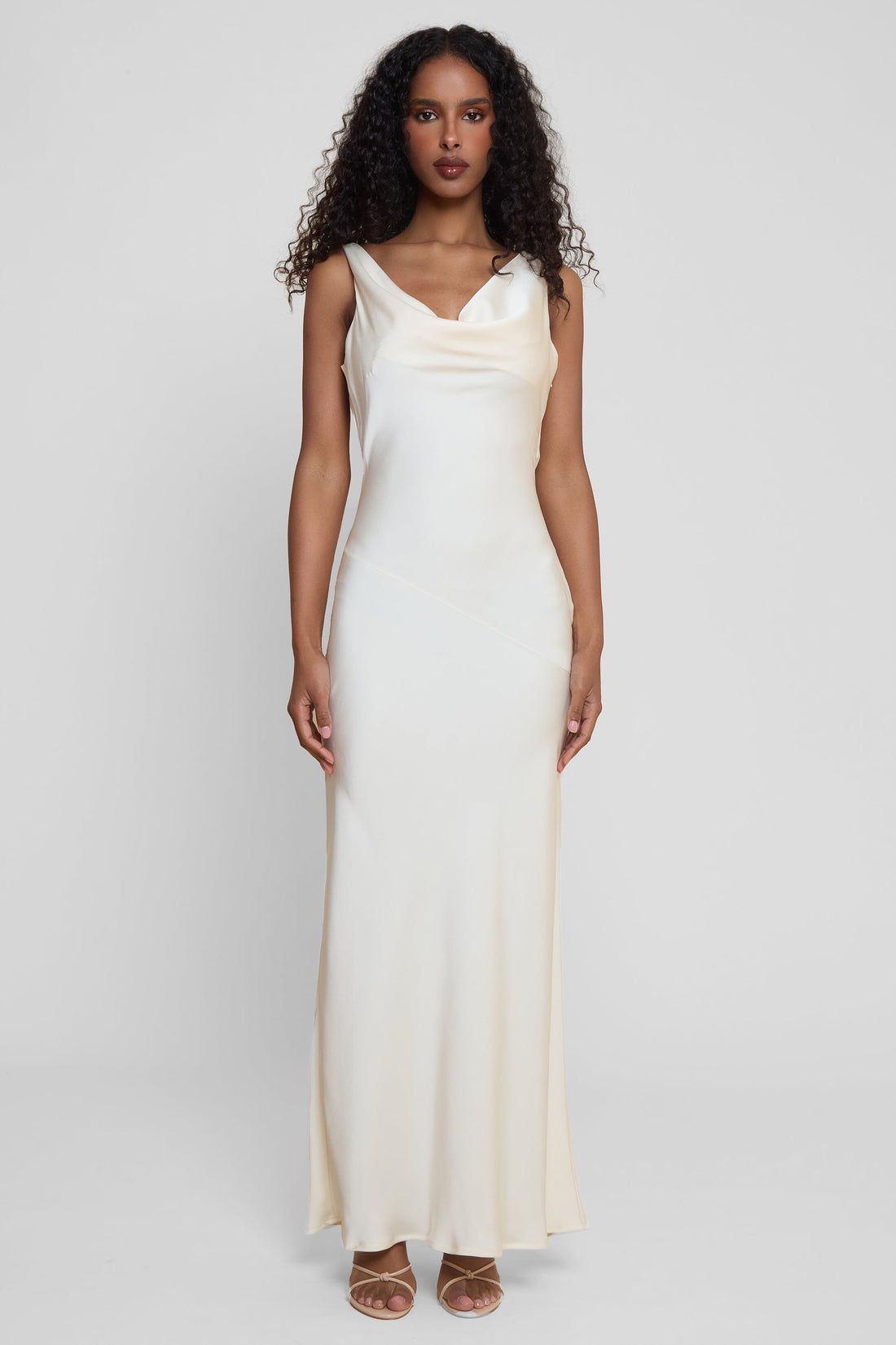 Dominique Saten Drapeli Elbise | D1100-IVORY-XS | D1100-IVORY-S | D1100-IVORY-M | D1100-IVORY-L | D1100-IVORY-XL | D1100-IVORY-XXL