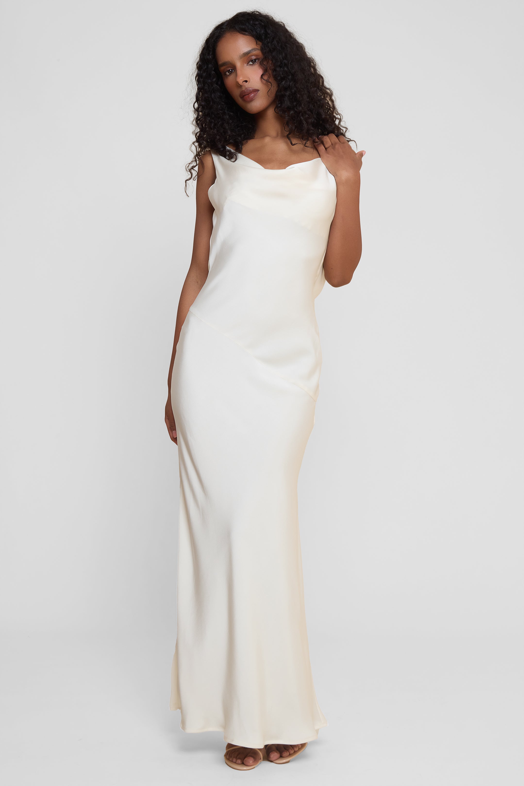 Dominique Saten Drapeli Elbise | D1100-IVORY-XS | D1100-IVORY-S | D1100-IVORY-M | D1100-IVORY-L | D1100-IVORY-XL | D1100-IVORY-XXL