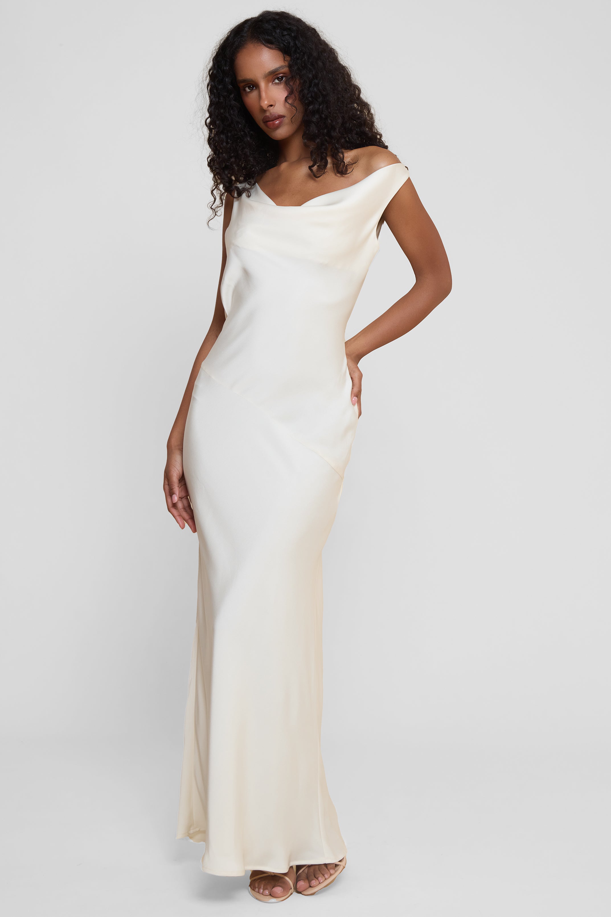 Dominique Saten Drapeli Elbise | D1100-IVORY-XS | D1100-IVORY-S | D1100-IVORY-M | D1100-IVORY-L | D1100-IVORY-XL | D1100-IVORY-XXL