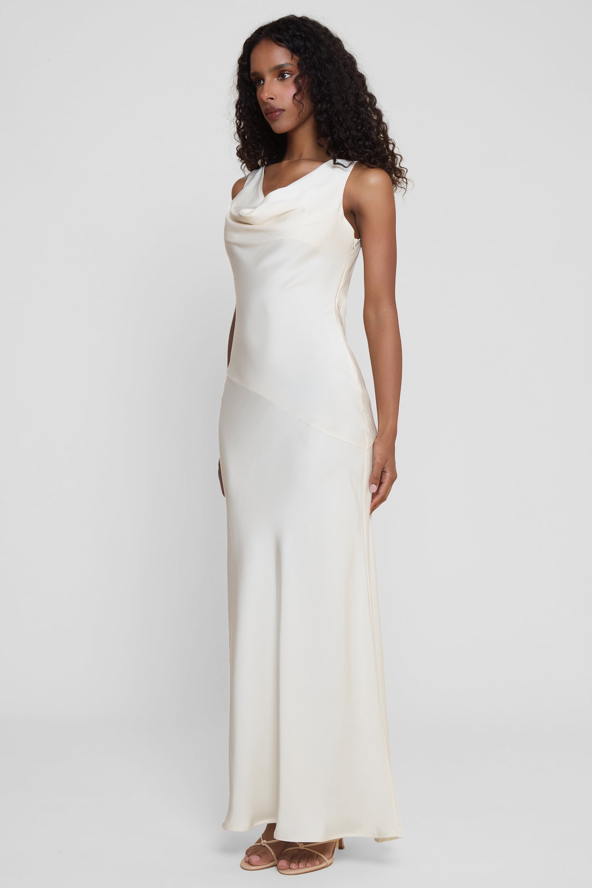 Dominique Saten Drapeli Elbise | D1100-IVORY-XS | D1100-IVORY-S | D1100-IVORY-M | D1100-IVORY-L | D1100-IVORY-XL | D1100-IVORY-XXL