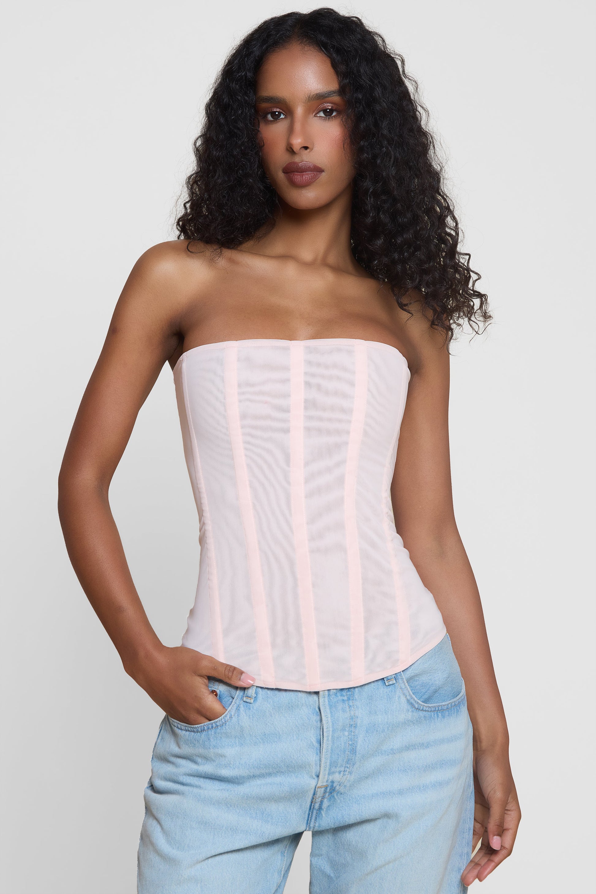 Isra Pink Mesh Corset Top | T1016-PINK-XS | T1016-PINK-S | T1016-PINK-M | T1016-PINK-L | T1016-PINK-XL | T1016-PINK-XXL