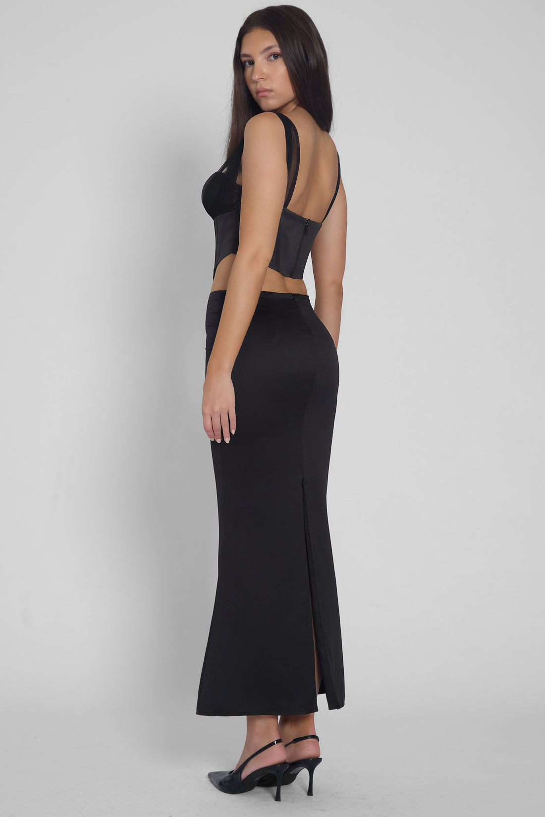 Marceline Saten Midi Etek | SKRT1011-BLK-XS | SKRT1011-BLK-S | SKRT1011-BLK-M | SKRT1011-BLK-L | SKRT1011-BLK-XL | SKRT1011-BLK-XXL