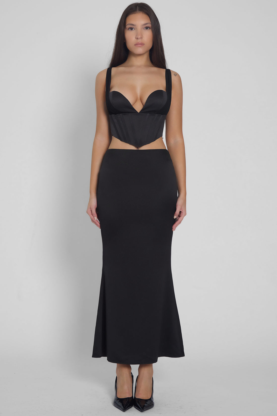 Marceline Saten Midi Etek | SKRT1011-BLK-XS | SKRT1011-BLK-S | SKRT1011-BLK-M | SKRT1011-BLK-L | SKRT1011-BLK-XL | SKRT1011-BLK-XXL