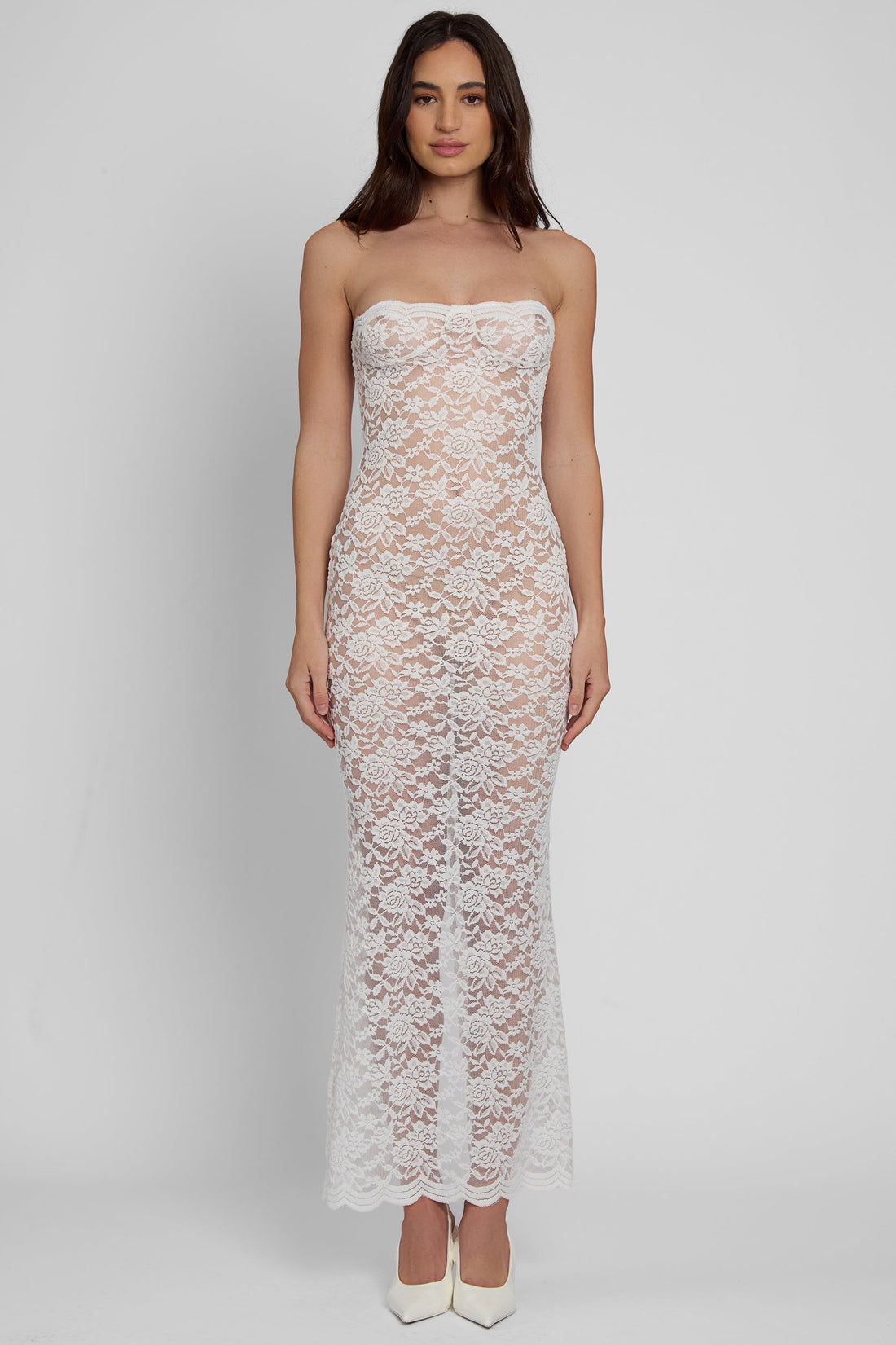 Zalia Straplez Dantelli Midi Elbise | D1084-WHITE-XS | D1084-WHITE-S | D1084-WHITE-M | D1084-WHITE-L | D1084-WHITE-XL | D1084-WHITE-XXL