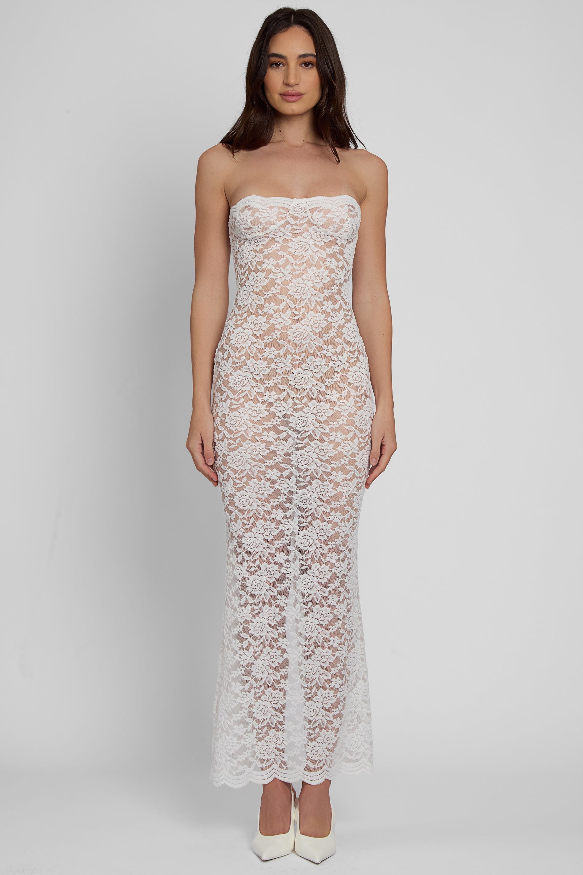 Zalia Straplez Dantelli Midi Elbise | D1084-WHITE-XS | D1084-WHITE-S | D1084-WHITE-M | D1084-WHITE-L | D1084-WHITE-XL | D1084-WHITE-XXL