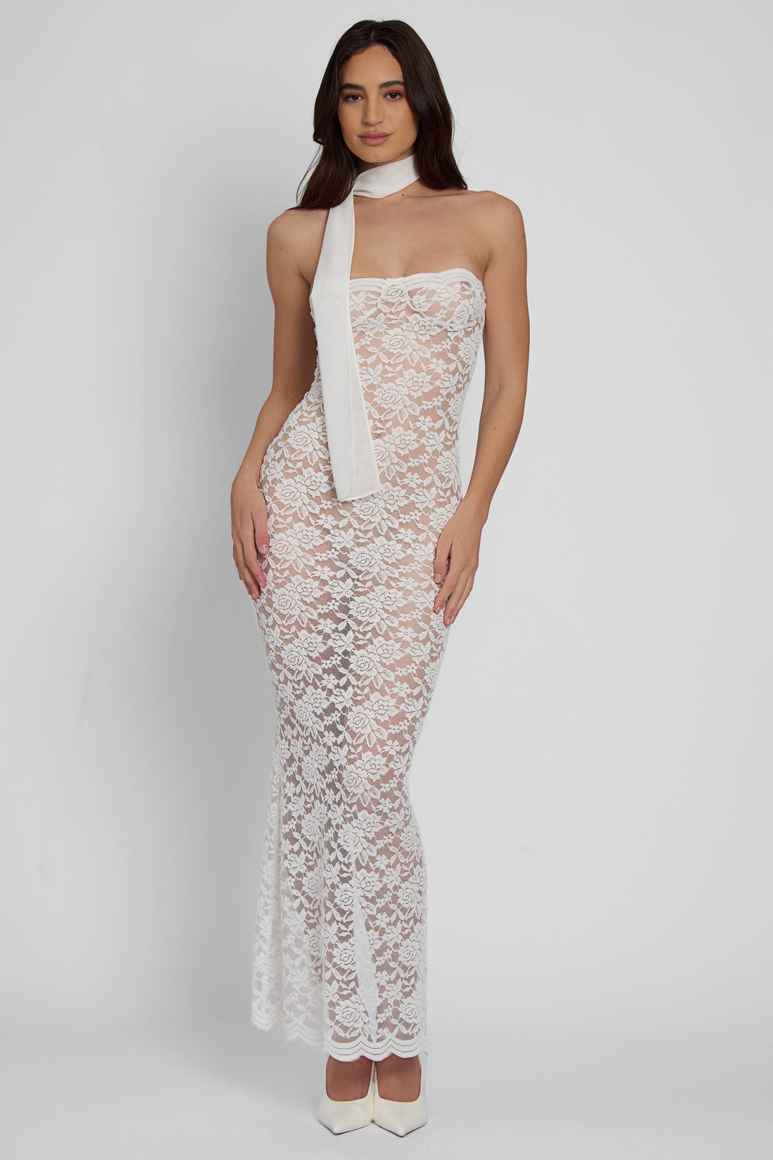 Zalia Straplez Dantelli Midi Elbise | D1084-WHITE-XS | D1084-WHITE-S | D1084-WHITE-M | D1084-WHITE-L | D1084-WHITE-XL | D1084-WHITE-XXL